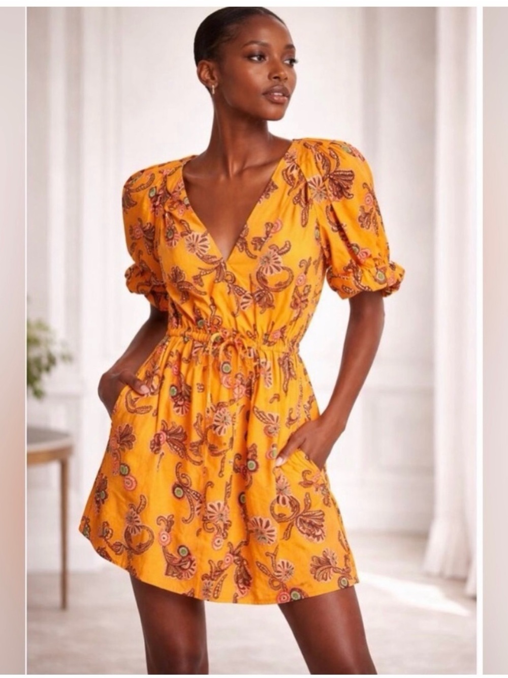 A.L.C. Mia 100% cotton floral yellow orange puff sleeve mini dress, size 10